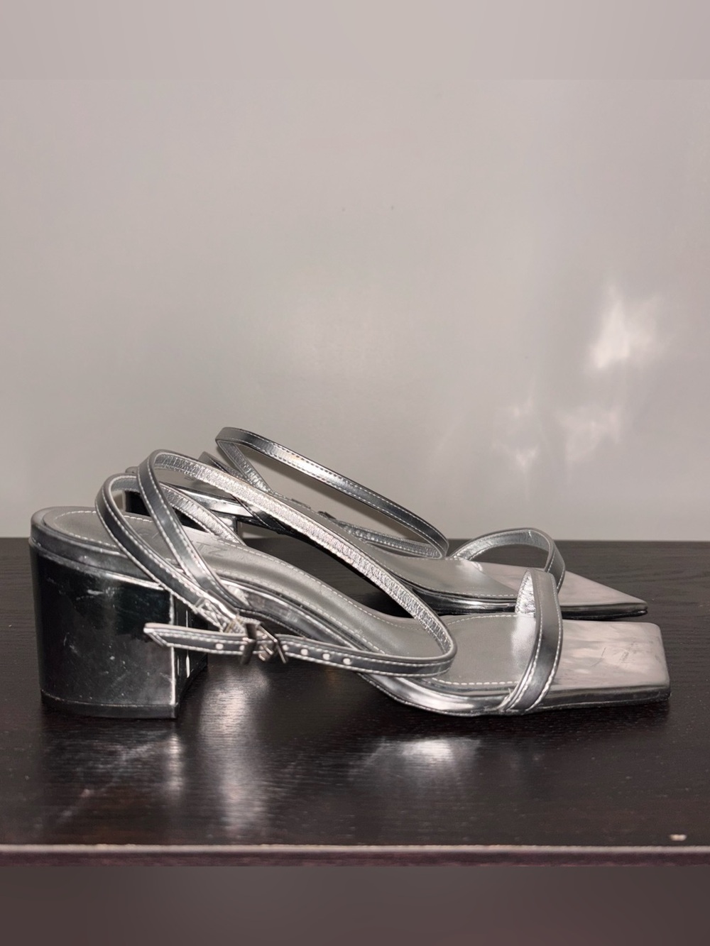 SCHUTZ Silver Metallic Strappy Mid Block Heel Sandals | Womens Sz 8